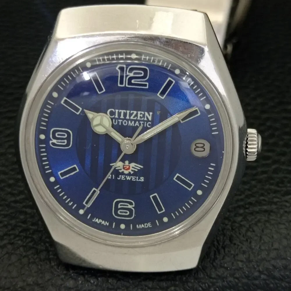 Vintage 1972 Citizen Automatic Mens Silver Watch W/daydate & Blue accents